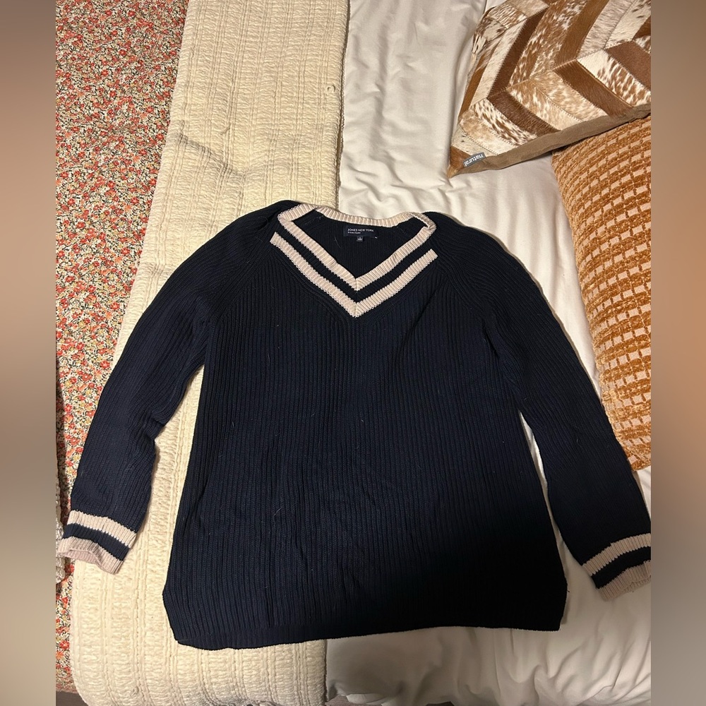 Jones New York Navy Sweater with Cream Stripes